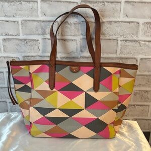 Fossil EUC Sydney tote bag geometric multicolor print coated canvas leather trim